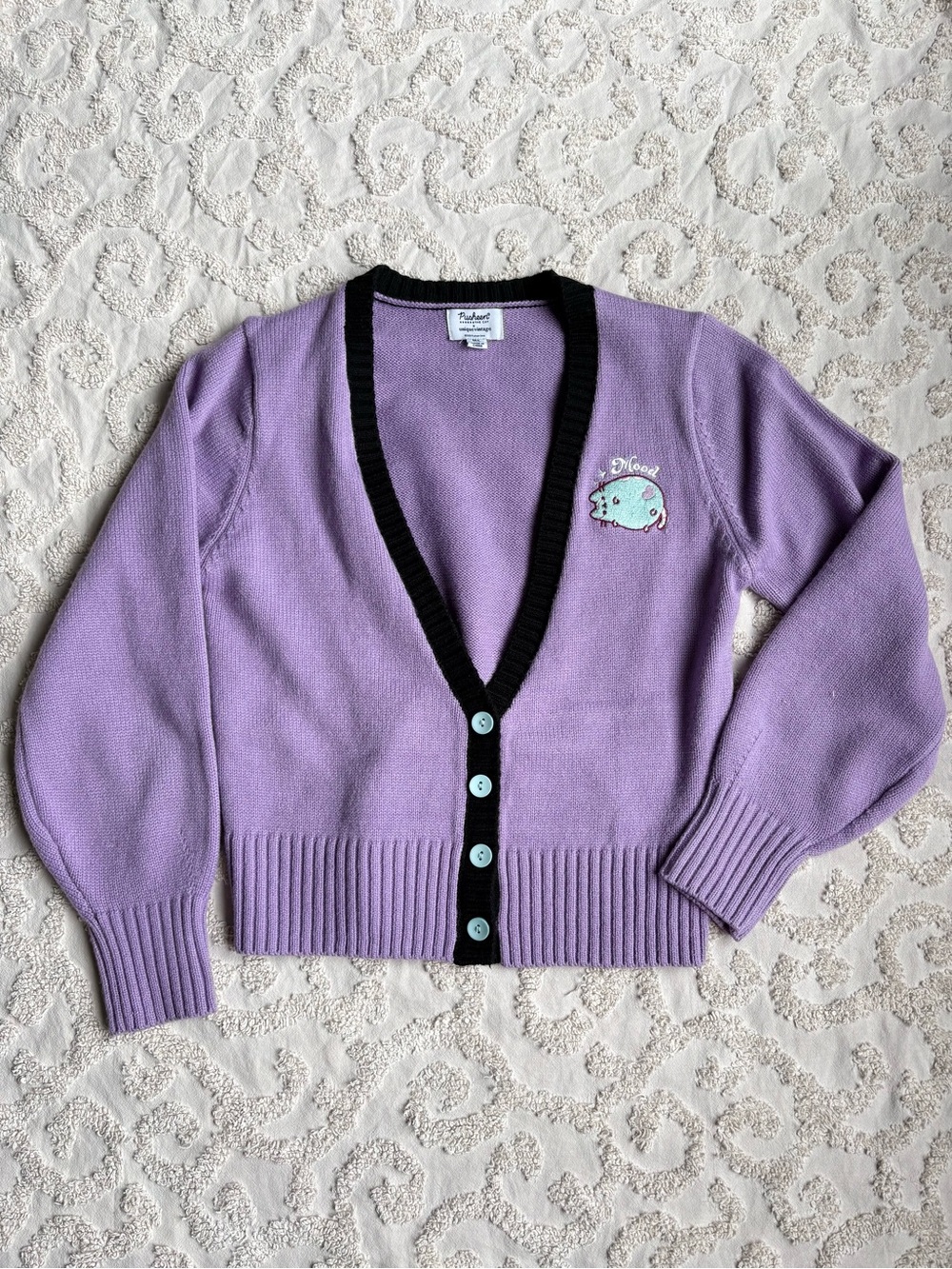 Pusheen Unique Vintage Lavender Cardigan Sweater medium large nwot